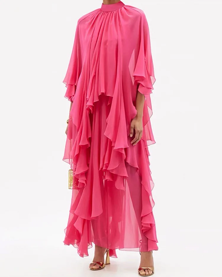maxi dress chiffon irregular multi-layer ruffle colorful
