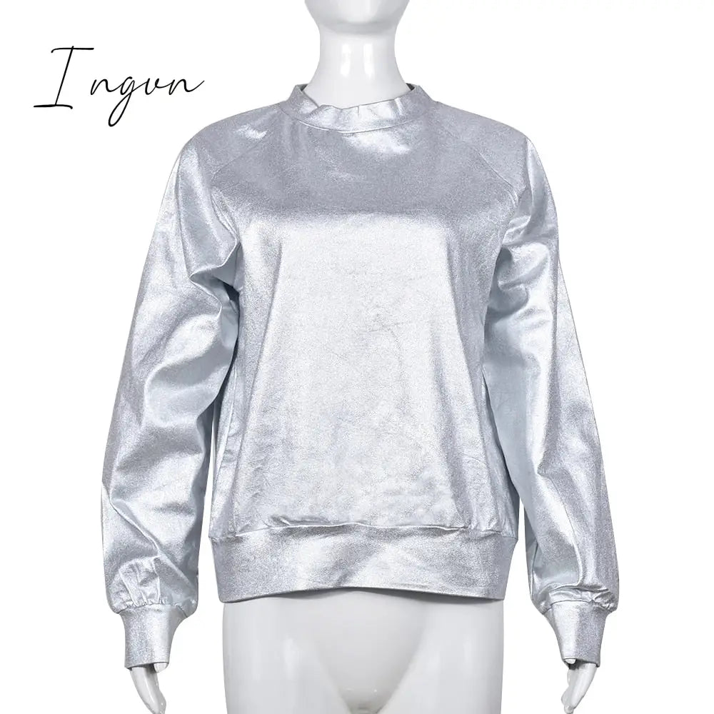 Ingvn - Women O Neck Long Sleeve Metallic Silver Pullovers Coat Sexy Casual Pu Sweatshirt 2023