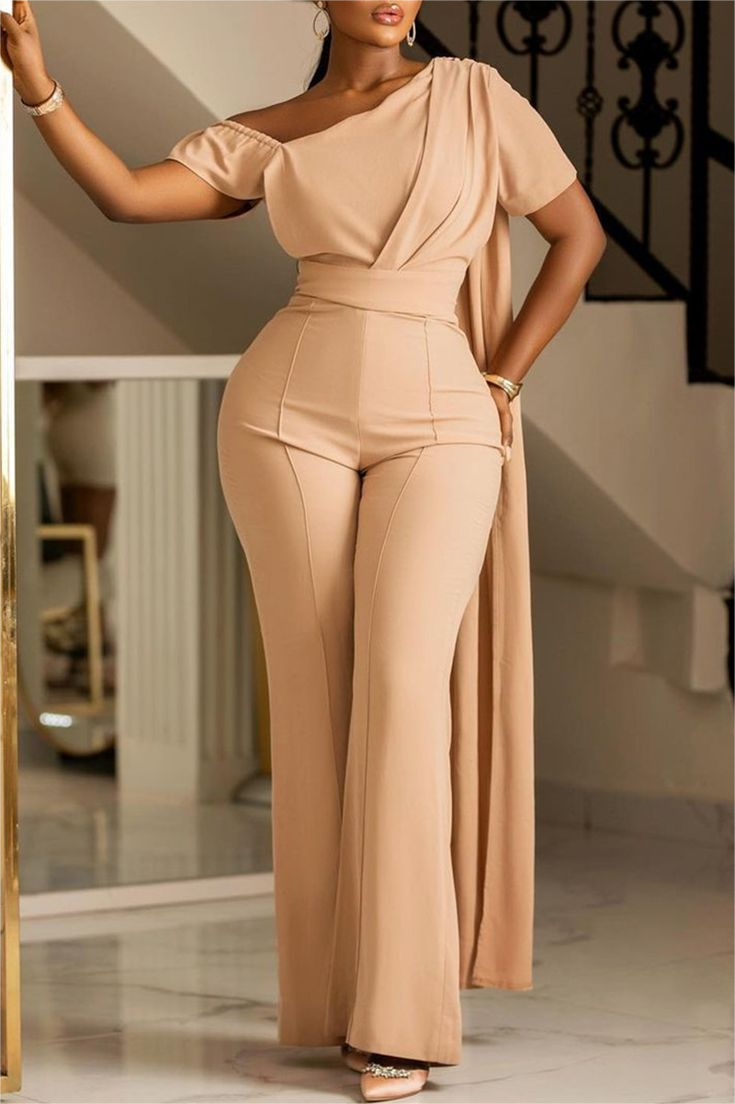 Lvs&Broner Exquisite One Shoulder Short Sleeves High Waist Wid-Leg Jumpsuit