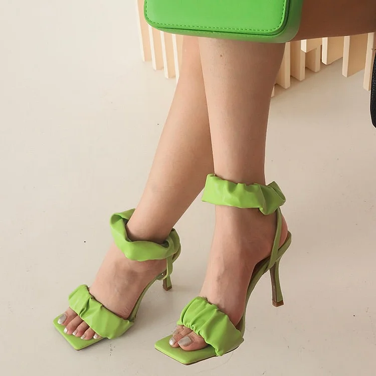 Green Square Toe Heels Chic Ankle Strap Sandals Office Stilettos |FSJ Shoes