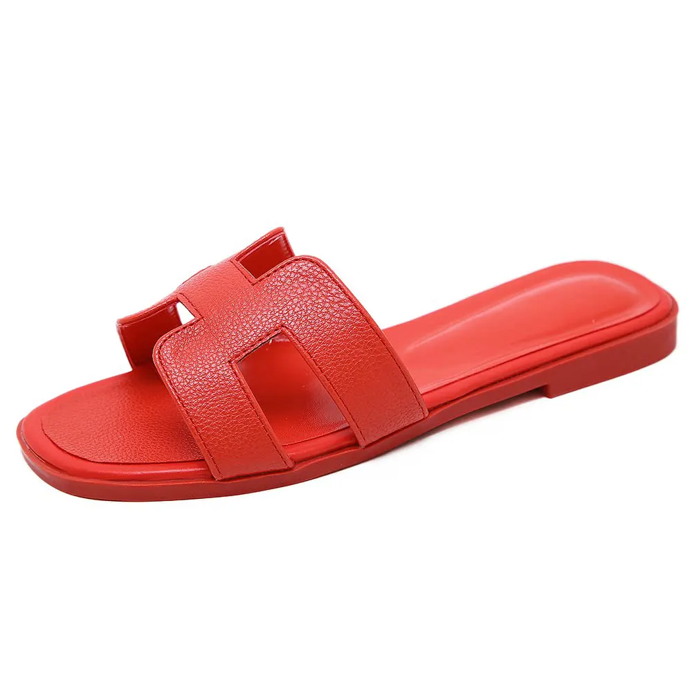 Women's Square Open Toe Summer Casual Flat Litchi Slippers-vocosishoes