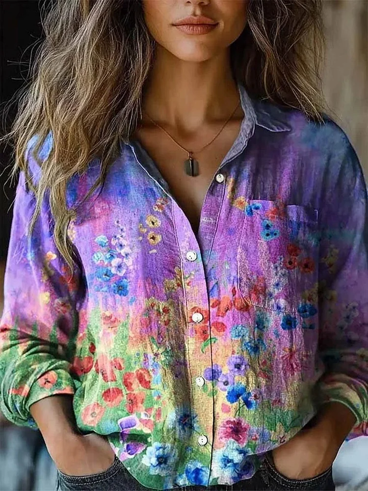 Women's Lovely Floral Art Print Casual Long Sleeve Comfortable Cotton Shirt