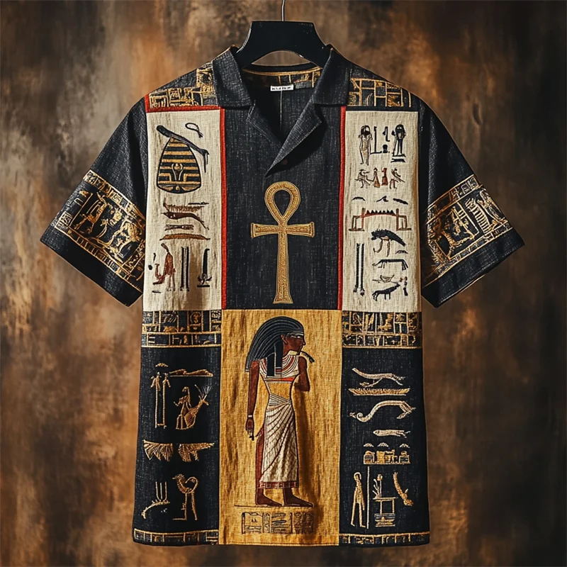 Ankh Ancient Egyptian Elements Colorblock Linen Shirt
