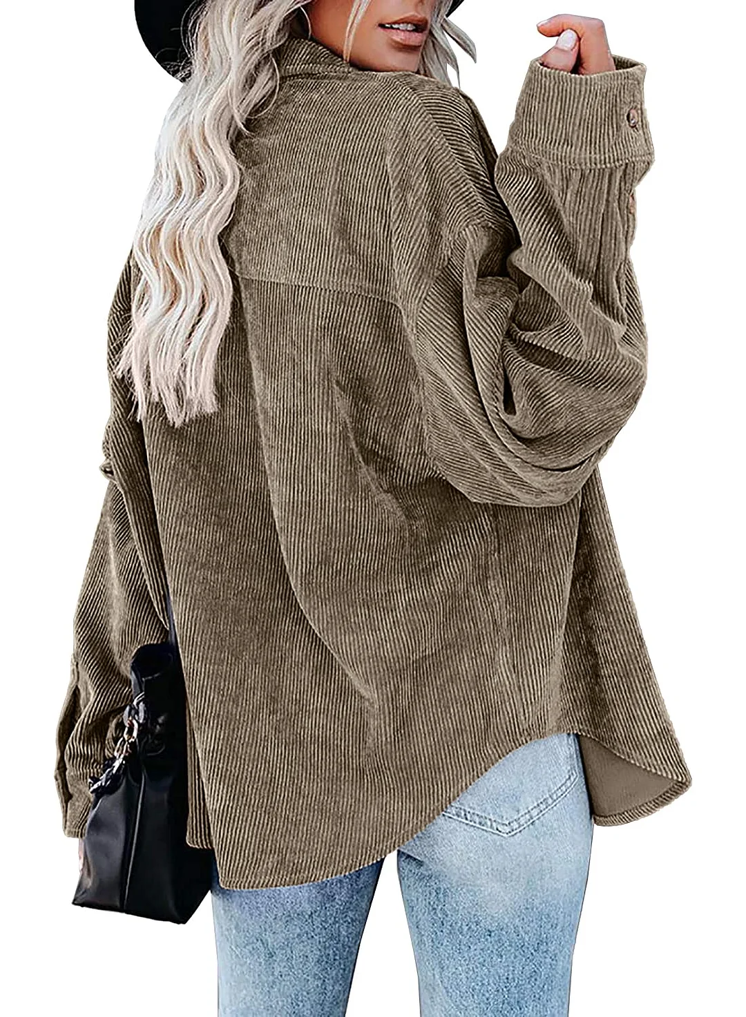 MIHOLL Women Corduroy Long Sleeve Button Down Collared Shirt Jacket Tops