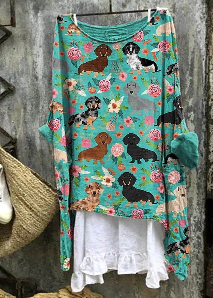 Dachshund Dog & Floral Pattern Linen Blend Casual Shirt