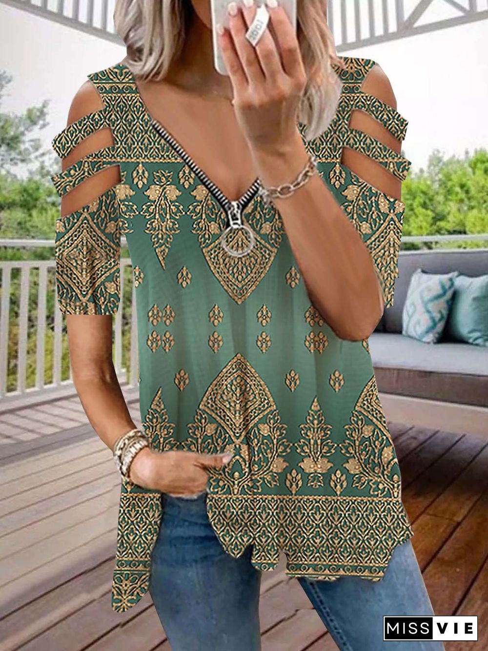 Casual Ethnic Autumn V neck Daily Loose Half sleeve H-Line Regular Tops for Women