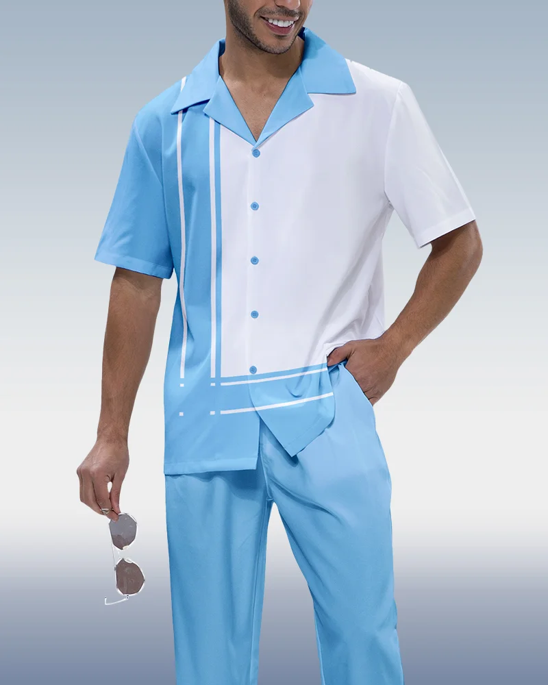Blue Panel Print Short Sleeve Walking Suit