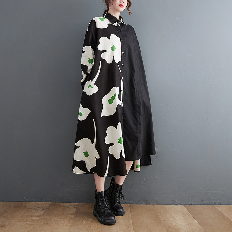 Loose Splicing Print Long Sleeve Midi Dress