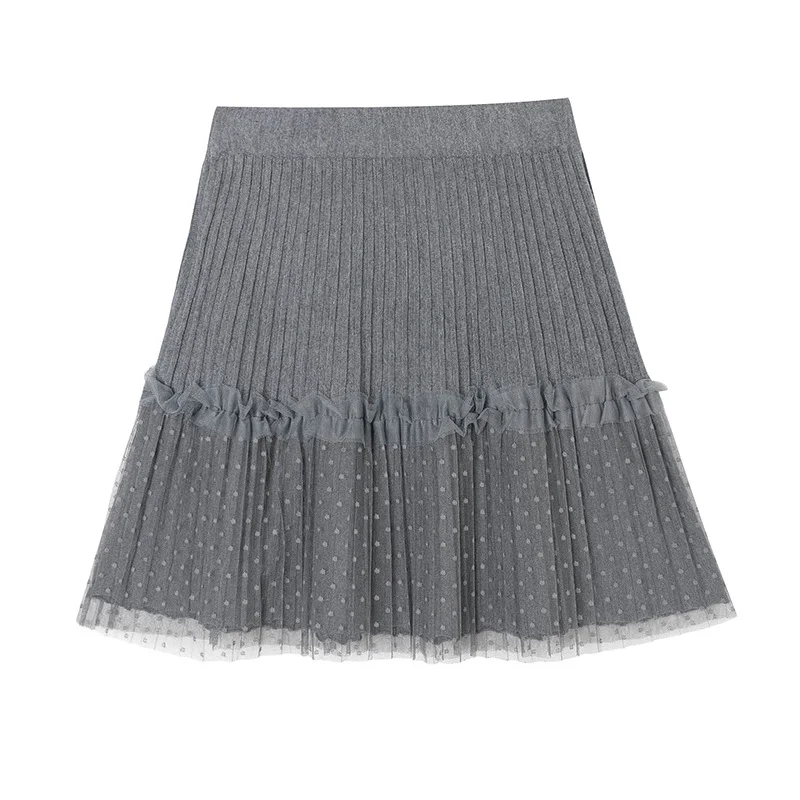 Churchf Churchf 2023 Knit Skirt Women's Short A-Word Pleated Skirt Mesh Stitching Knit Fluffy Skirt