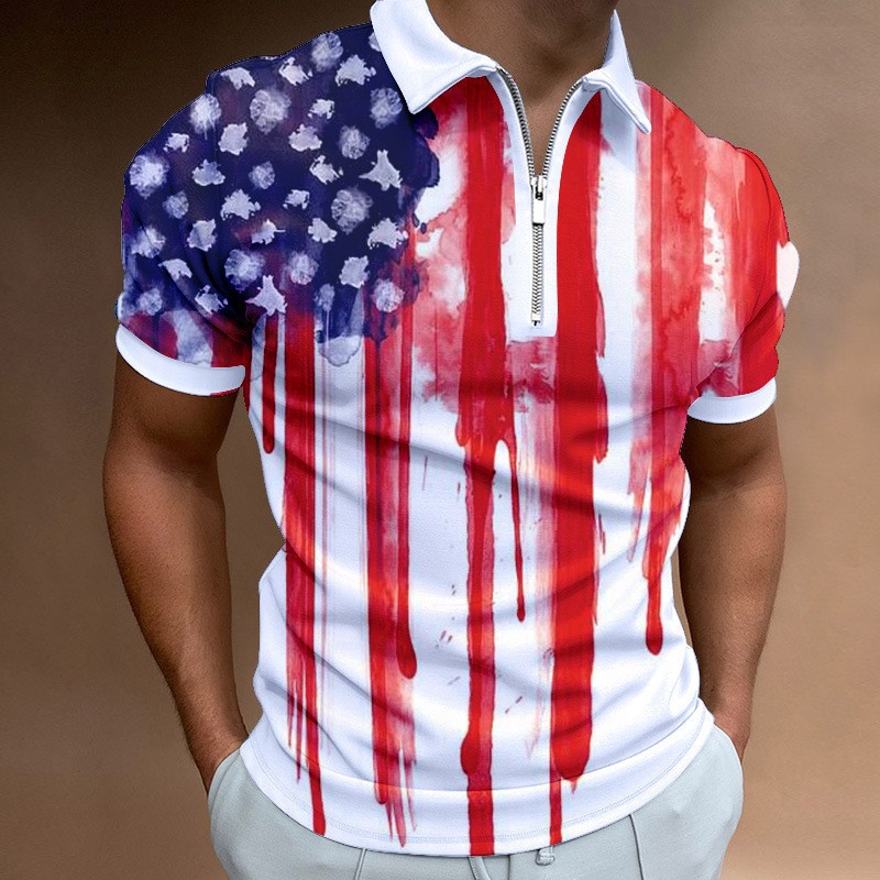 Men's Independence Day printed short sleeved zippered polo shirt PLUSCLOTHESMAN