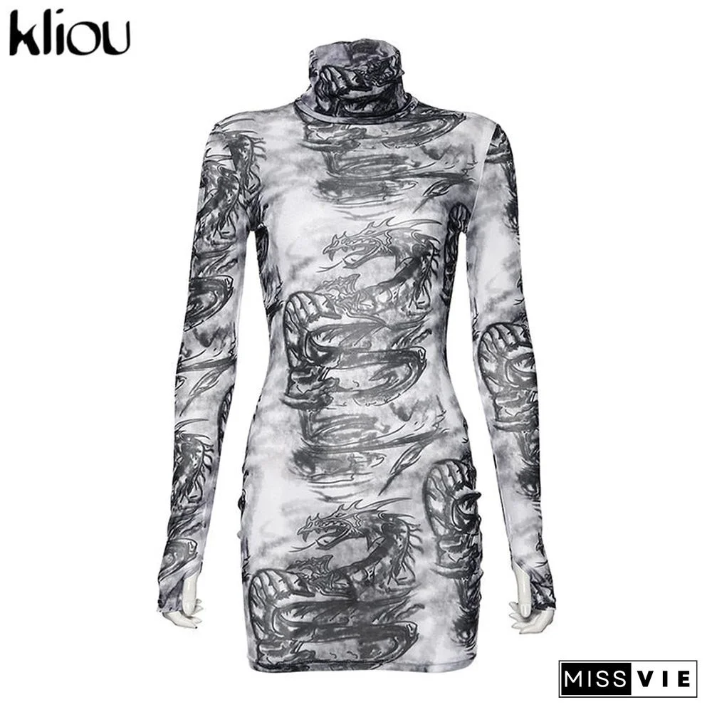 Kliou Women Turtleneck Dress Sexy Mesh Material Print Slim Skinny Dresses Autumn New Long Sleeve Female Fashion Skinny Outfits