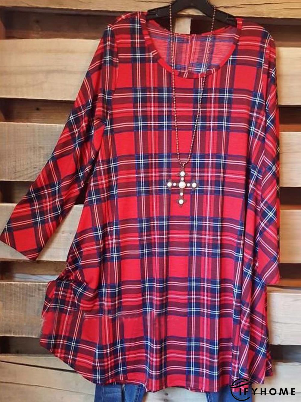 Plaid  Long Sleeve  Printed  Cotton-blend  Crew Neck Casual  Red Top | IFYHOME