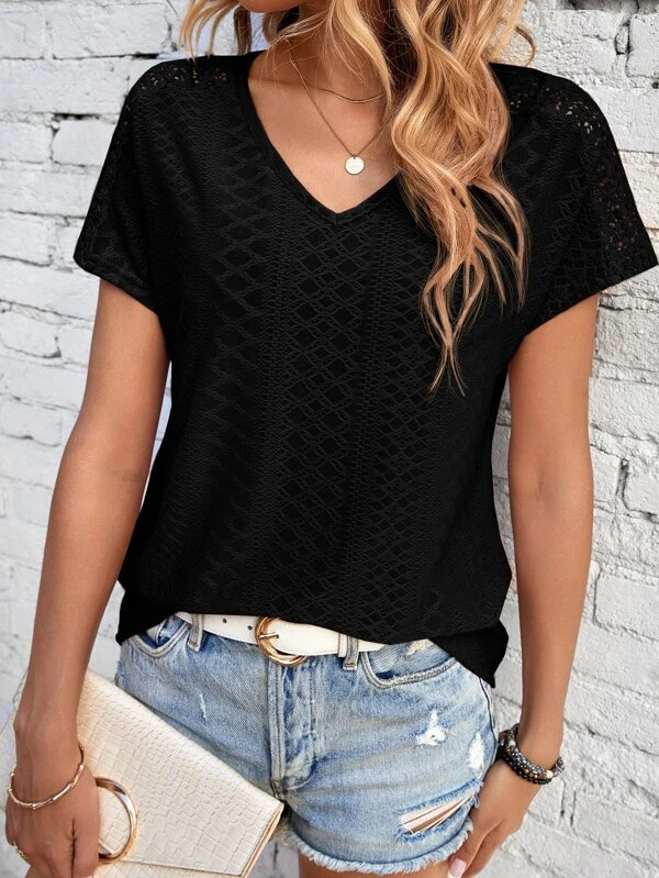 Women's Solid Color And V-neck Top Hollow Mesh Short Sleeve