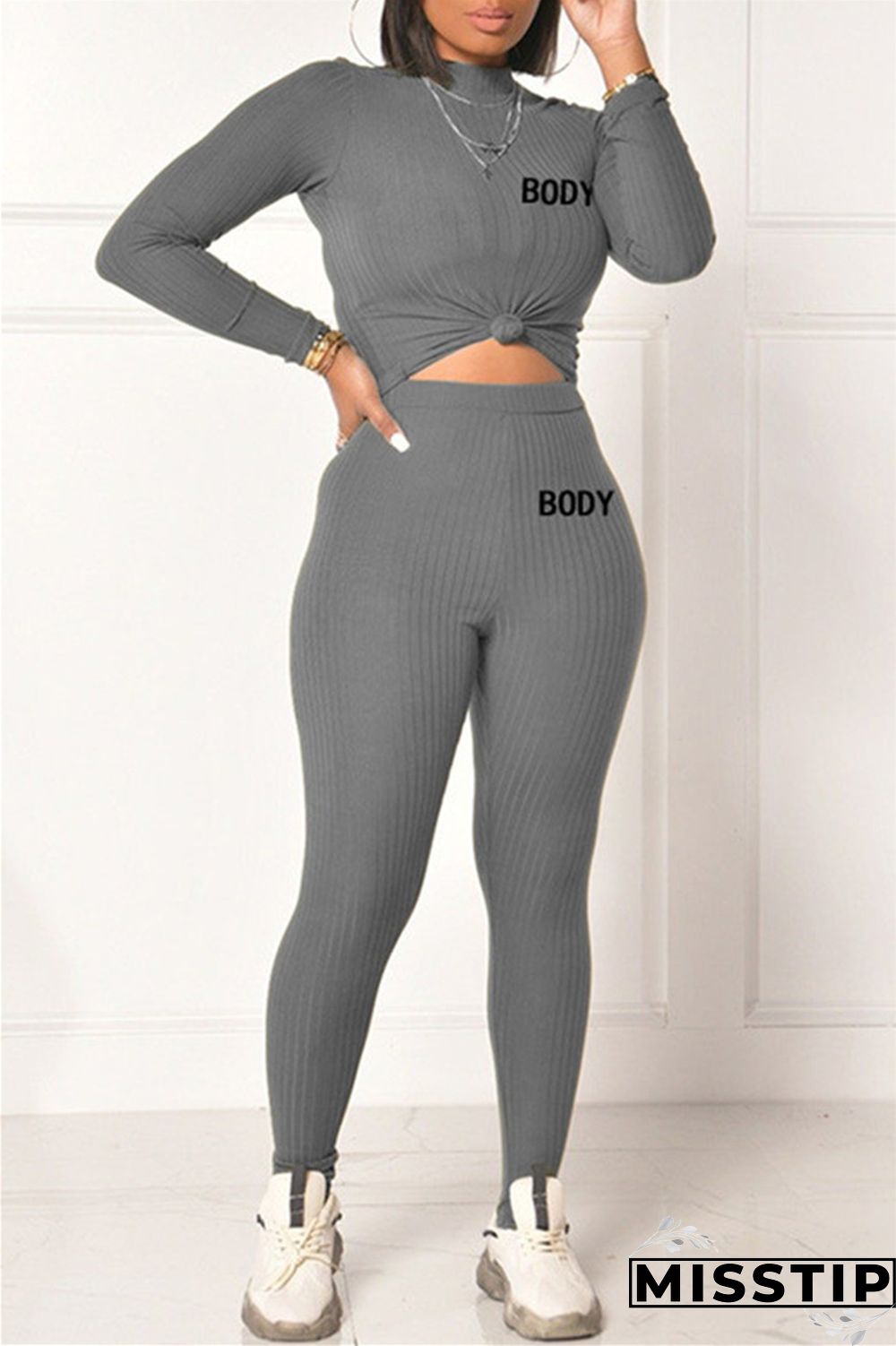 Grey Fashion Casual Letter Print Basic Half A Turtleneck Long Sleeve Two Pieces