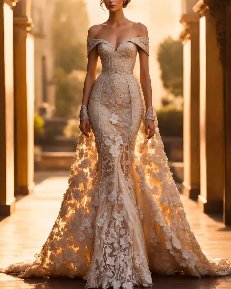 Women's Off-Shoulder Mesh 3D Flower Embroidery Dress
