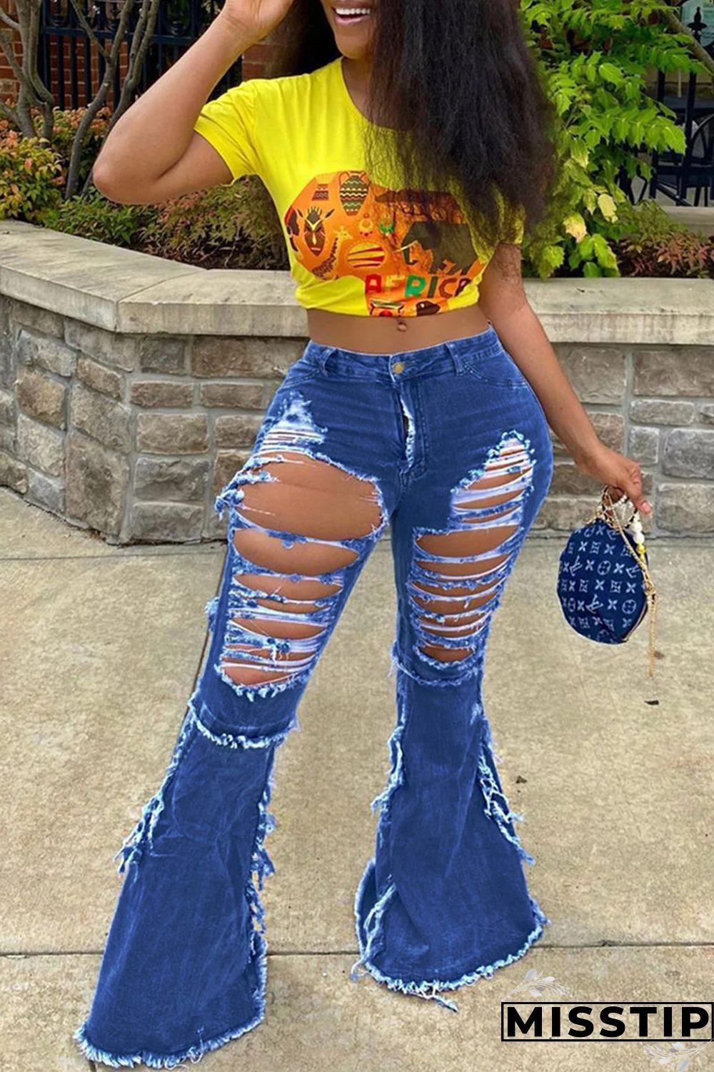 Blue Fashion Casual Solid Ripped Plus Size Jeans