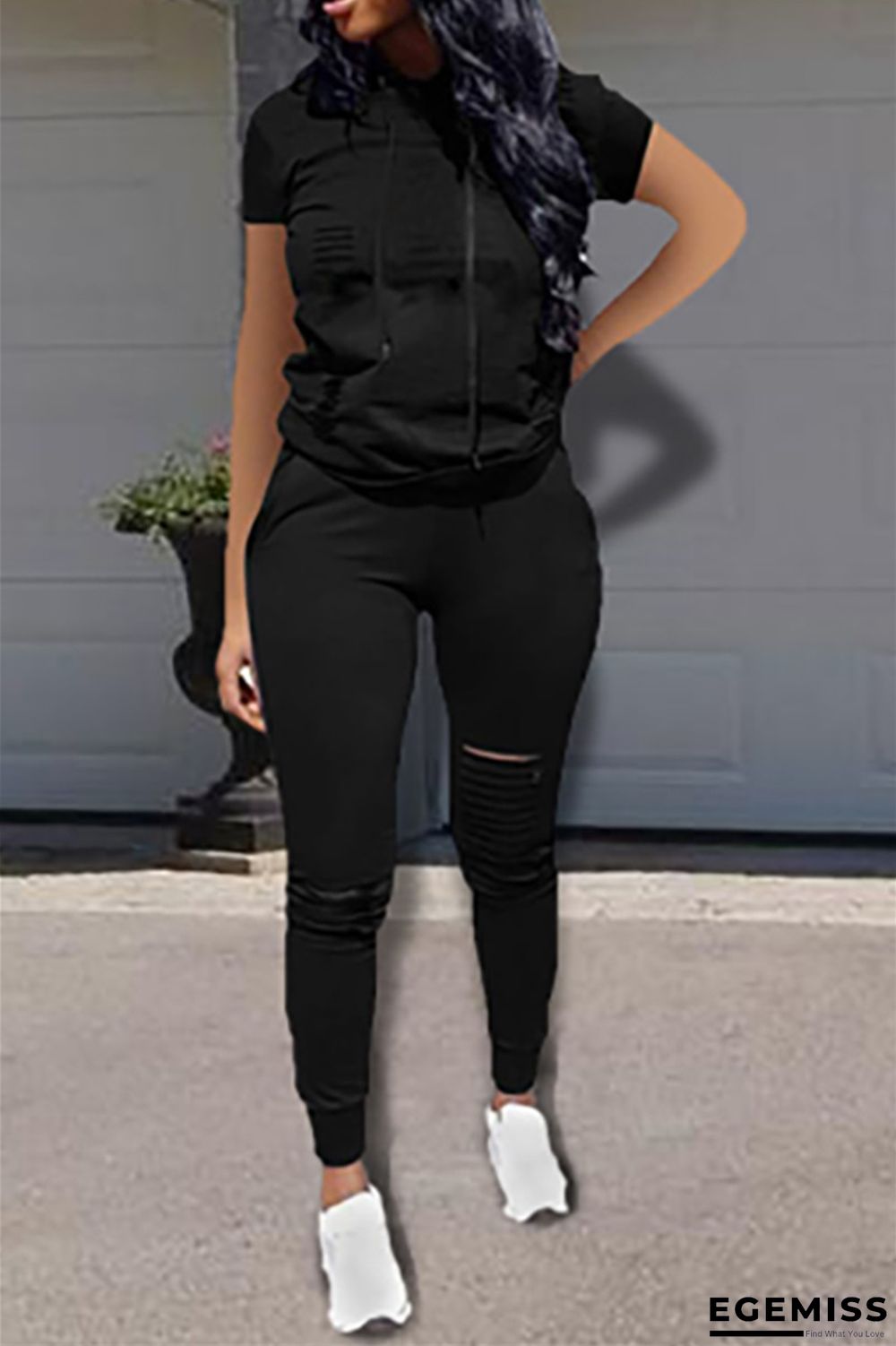 Black Fashion Burning Hooded Two-Piece Suit | EGEMISS