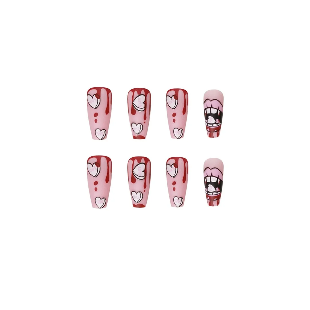 24pcs Fake nails with design Long False Nails Detachable Blood Lip Pattern Coffin Nails Acrylic Ballerina Nail Accessory Art Tip-Nail Inspo