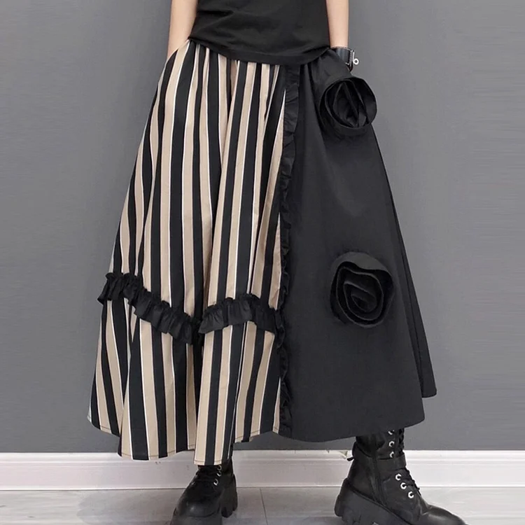 Womens Tassel-Laced Ethnic-Style Striped Printed Skirt