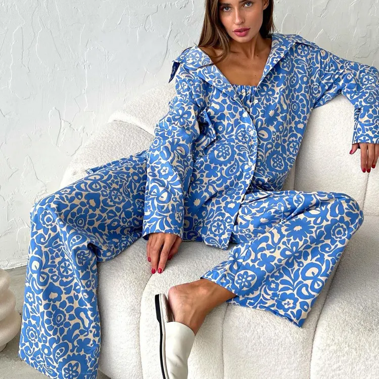 Churchf Churchf New Long Sleeve Shirt With High Waist Trousers Suit Print Fashion Women's Wear