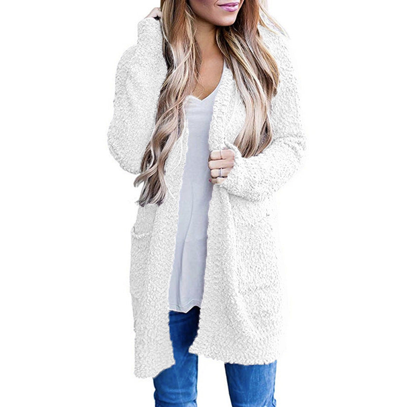 Aiertu long sweater dress outfit Autumn and Winter Knitwear Solid Color Fleece Double Pocket Cardigan Sweater aiertu
