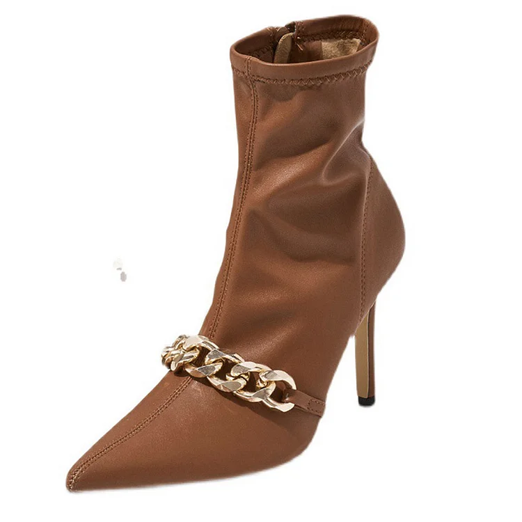 Bottines à bout pointu et talons aiguilles en cuir marron avec chaînes Flusfy