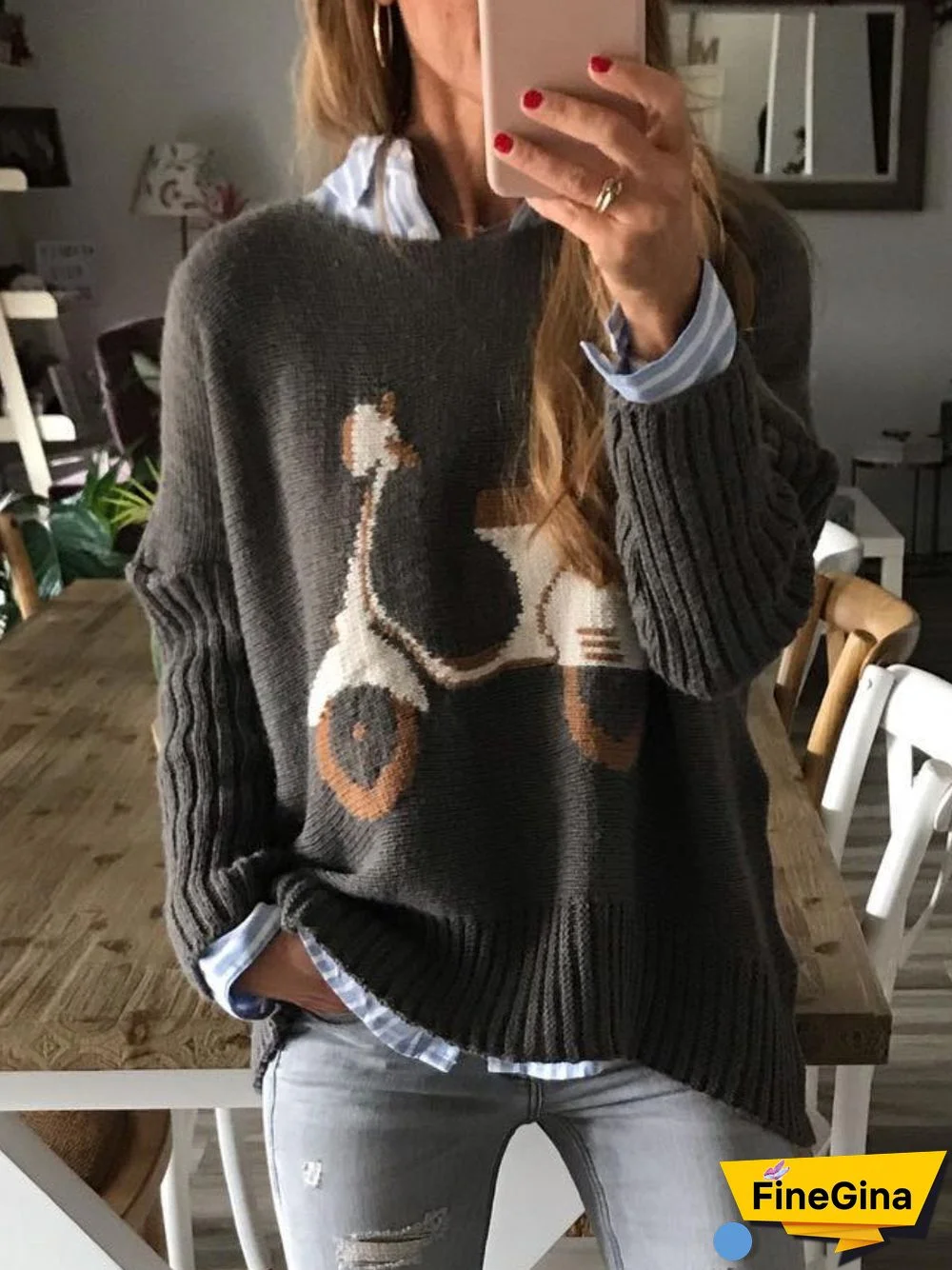 Black Printed/dyed Casual Knitted Shirts & Tops