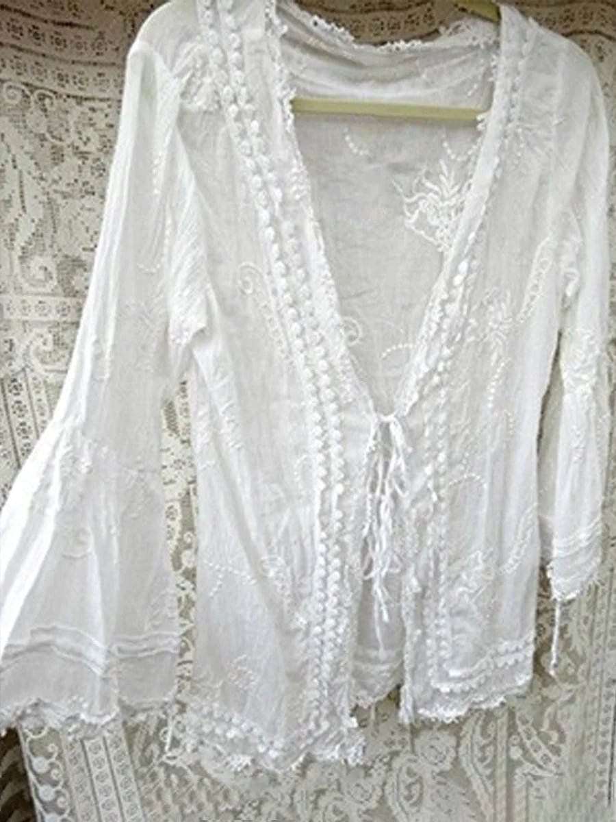 Women's Lace Pure Color Lace-up Casual Linen Top
