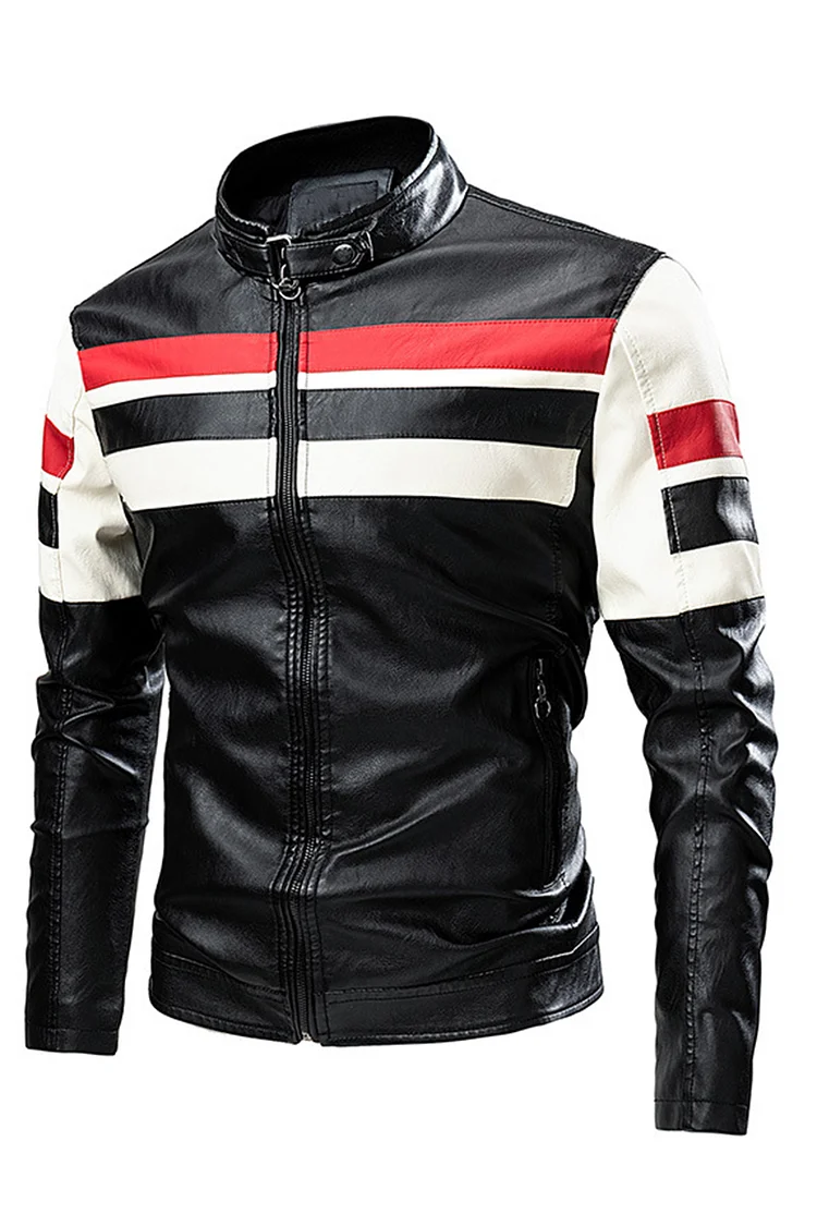 Casual Colorblock Striped Mock Neck Zipper PU Leather Jacket