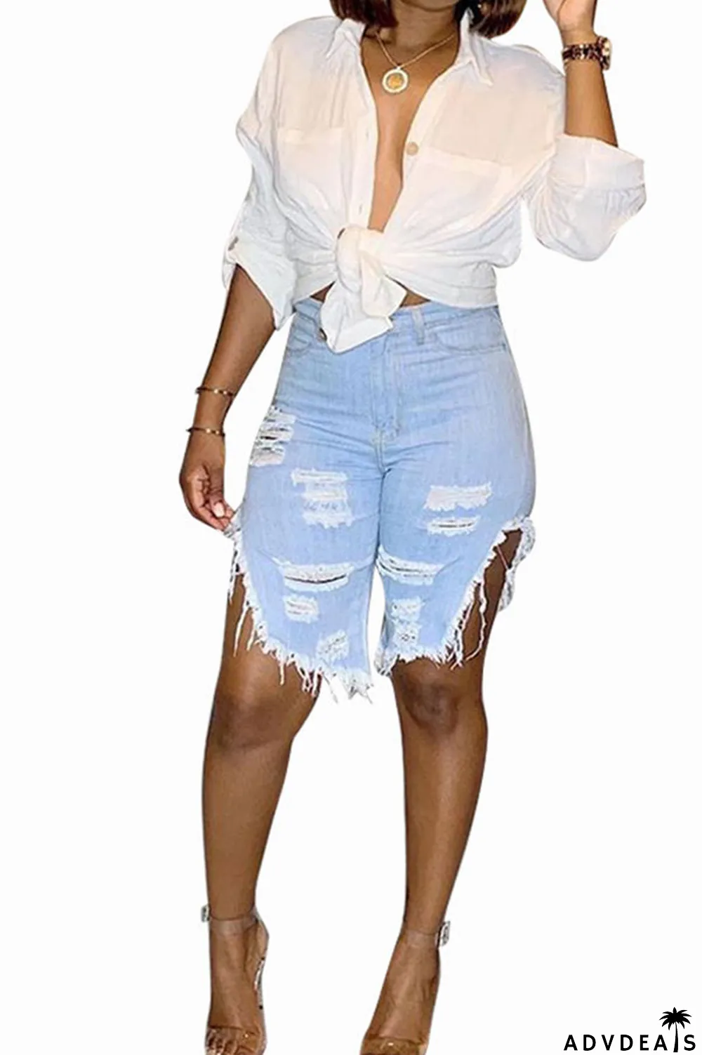 Light Blue Black Light Blue Dark Blue Denim Button Fly Mid Asymmetrical Boot Cut Capris Bottoms