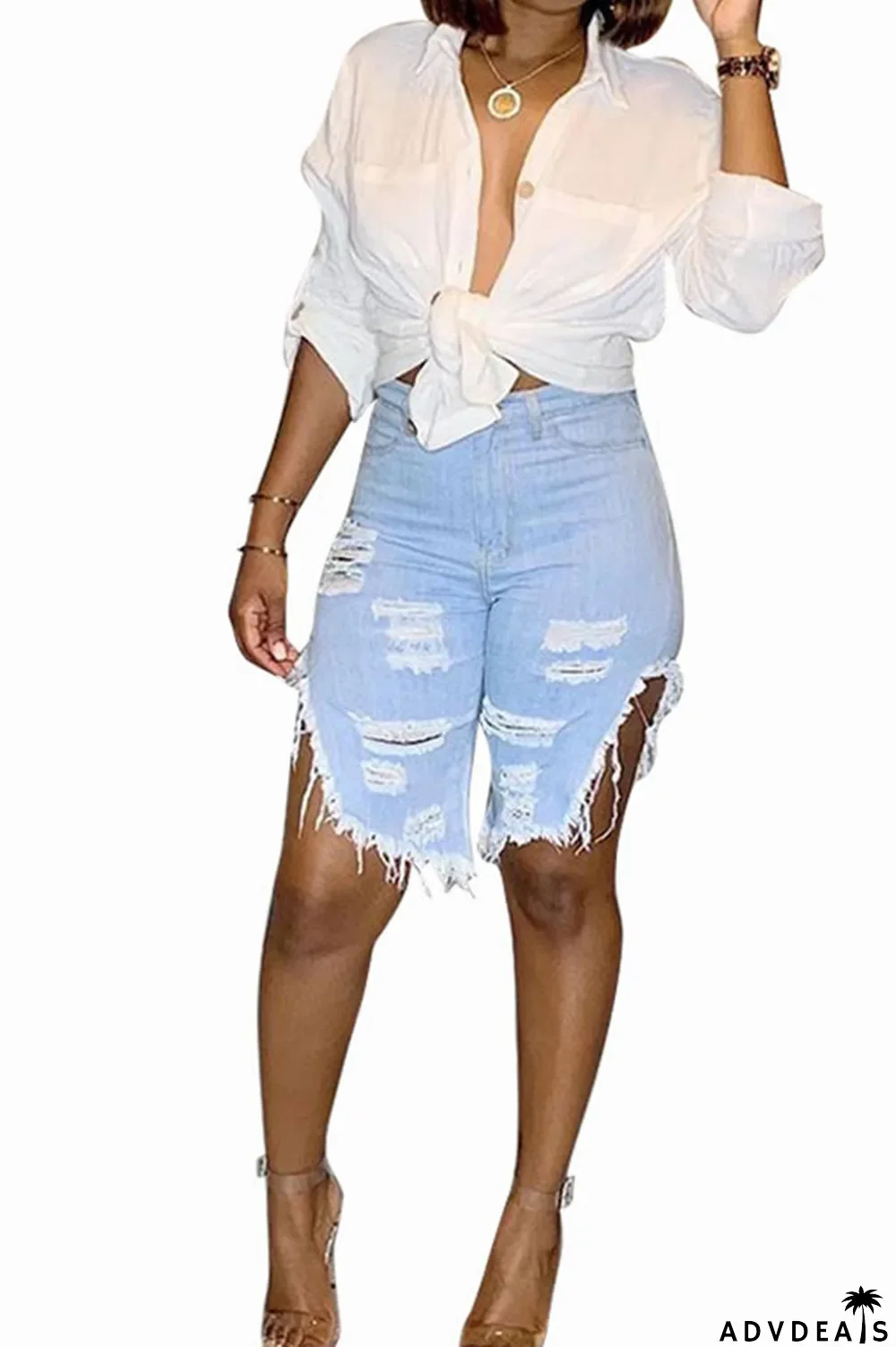 Light Blue Black Light Blue Dark Blue Denim Button Fly Mid Asymmetrical Boot Cut Capris Bottoms