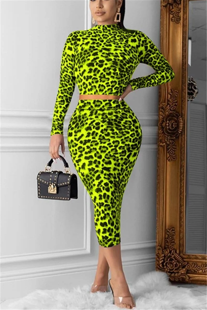 Fashion Leopard Two-Piece Skirt Suit