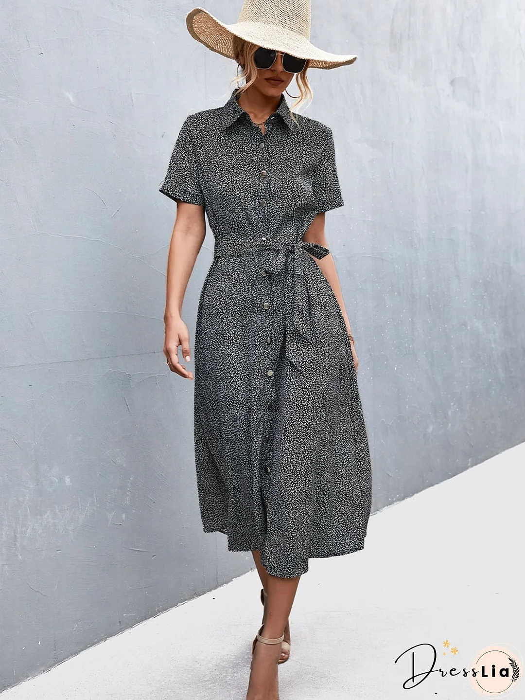 Printed Tie Waist Short Sleeve Shirt Dress