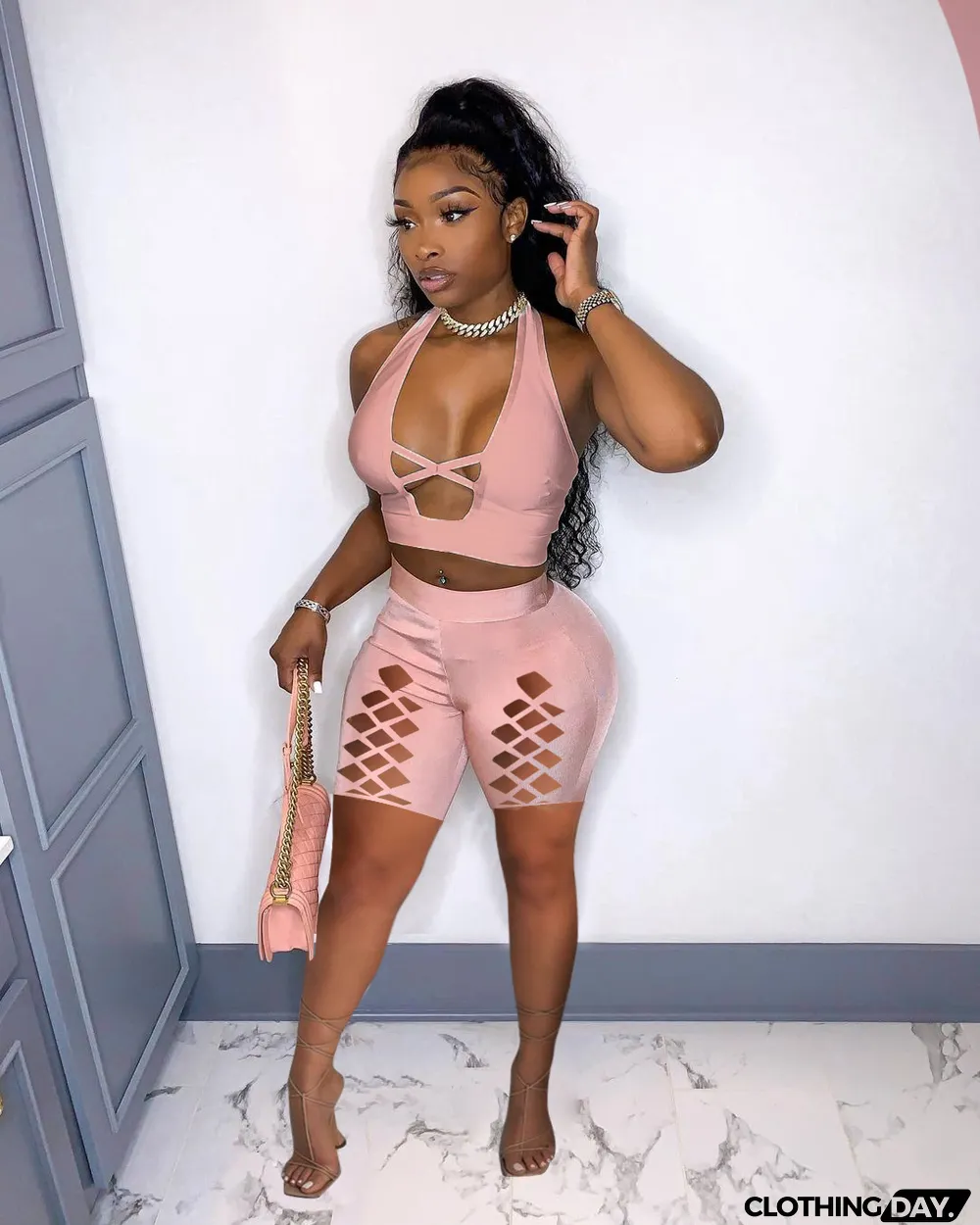Sexy Halter Top And Hole Shorts Two Piece Sets