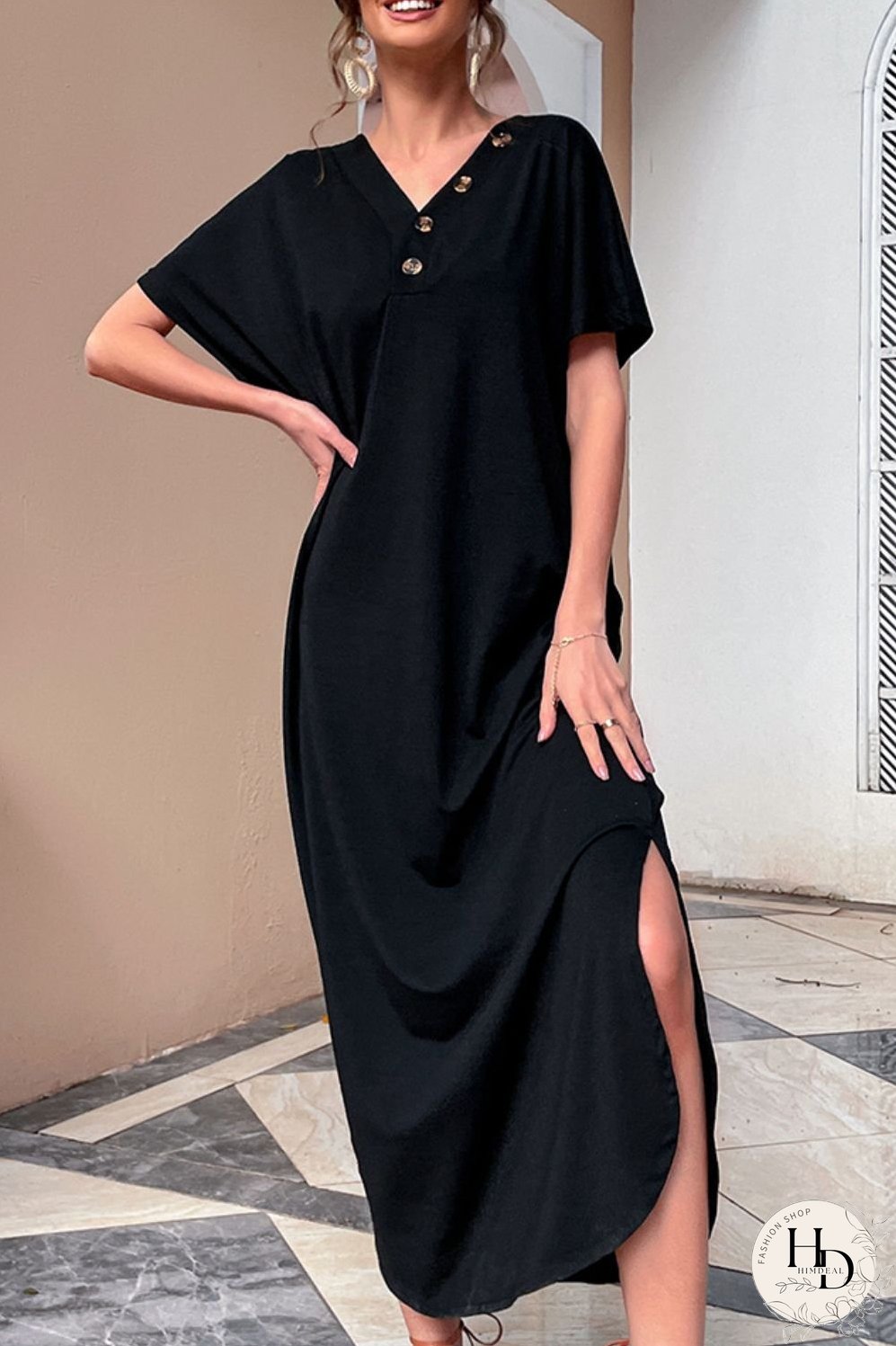 Decorative Button V-Neck Slit Maxi Dress