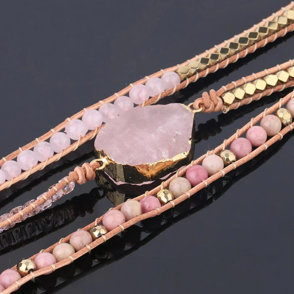 Stunning Rose Quartz Rhinestone Multi-layer Bracelet