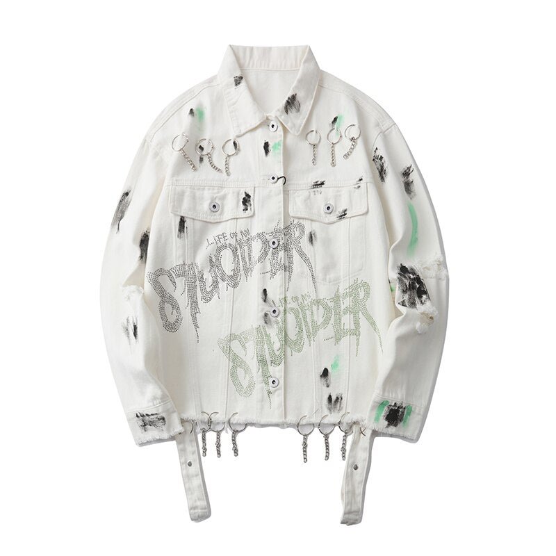 Graffiti Chain Frayed Letter Print  Jeans Jacket Men and Women Oversize Streetwear Windbreaker Bomber Jacket Hip Hop Denim Coat