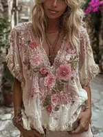 Women's Bohemia Pink Roses Embroidered Art V-neck Short Sleeve Linen Blend T-shirt