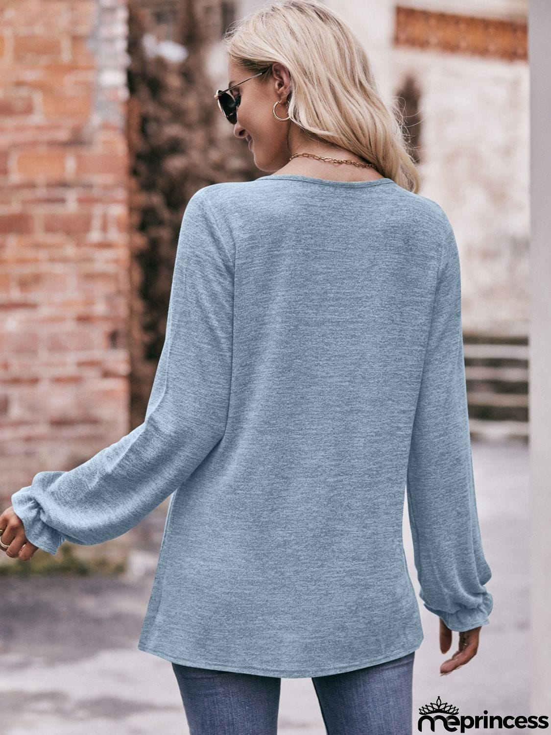 Long Flounce Sleeve Round Neck Blouse