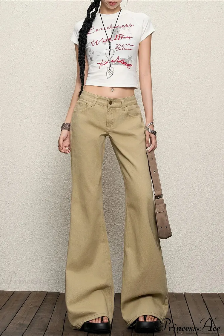 Vintage Khaki Low Waist Flared Floor-Length Jeans