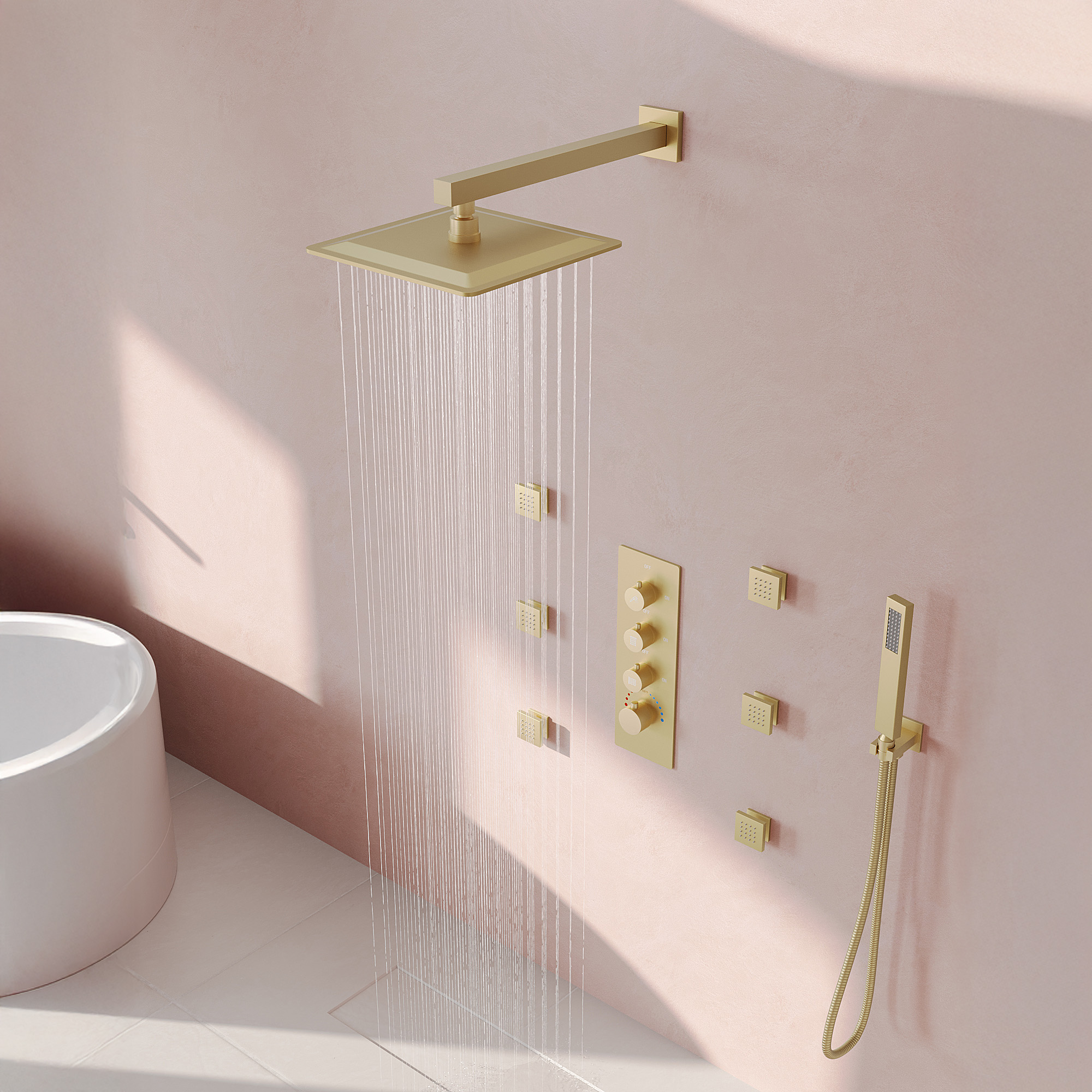 Shower System Thermostatic Rainfall 12 Inch with Body Jets Brushed Gold