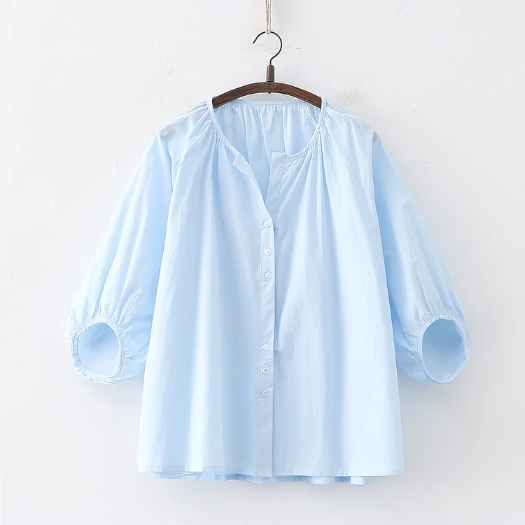Women's Crew-Neck Mid-Sleeve Solid Single Breasted Cotton Linen Shirt Blouse
