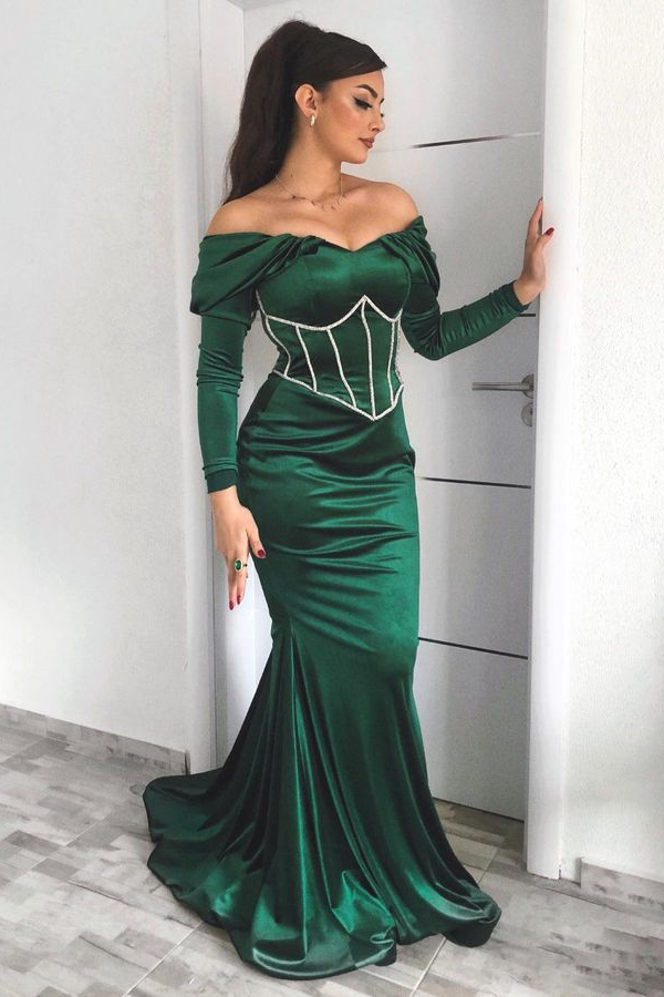 Bellasprom Emerald Green Long Sleeves Prom Dresses Off-the-Shoulder Lace-up Bellasprom