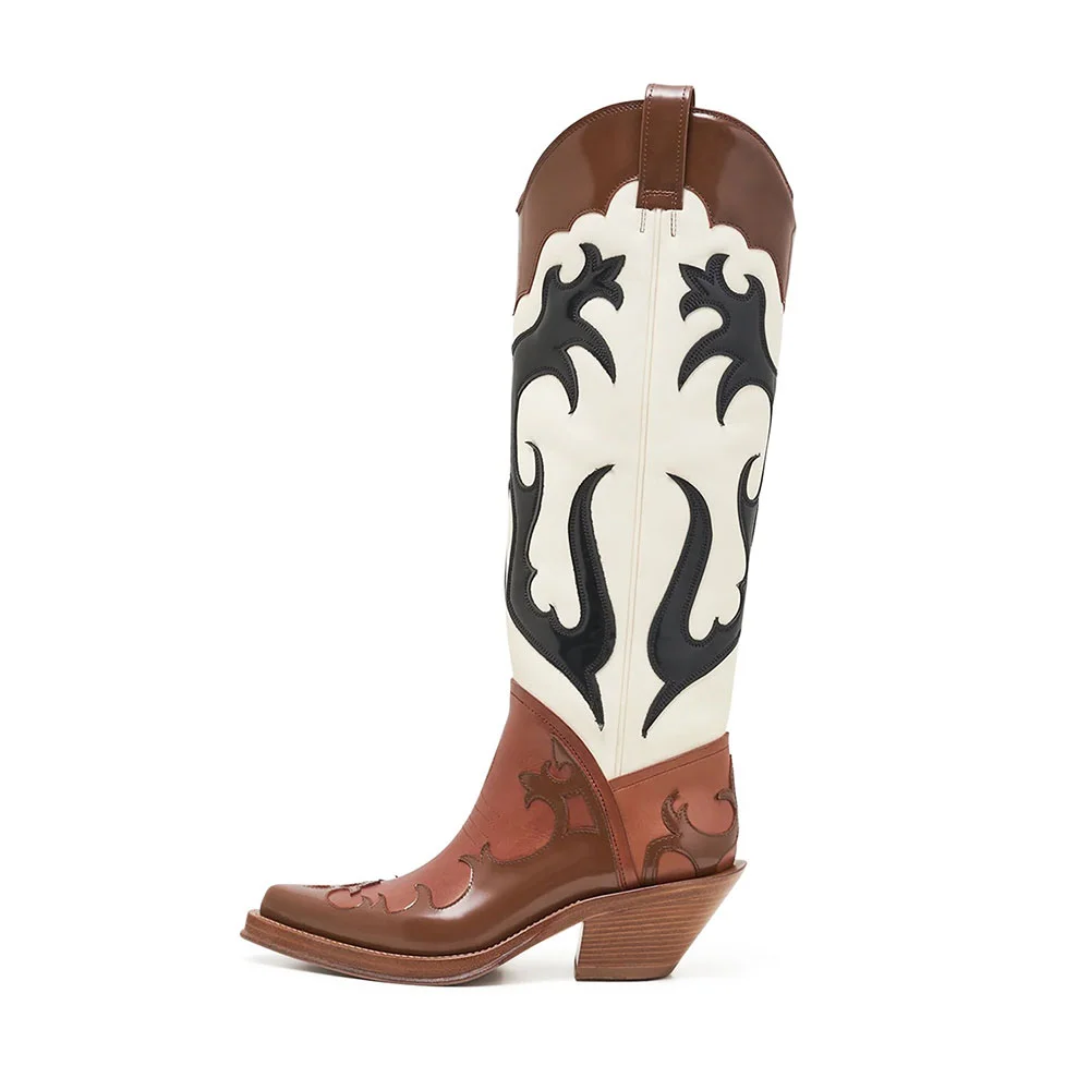 Multicolor Faux Leather Pointed Toe Knee High Western Boots for Women