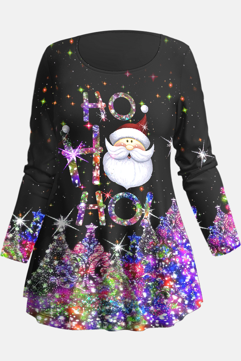 Flycurvy Plus Size Christmas Black Ombre Santa Claus Rhinestone Star Print Long Sleeve T-Shirt 2024 - Flycurvy 