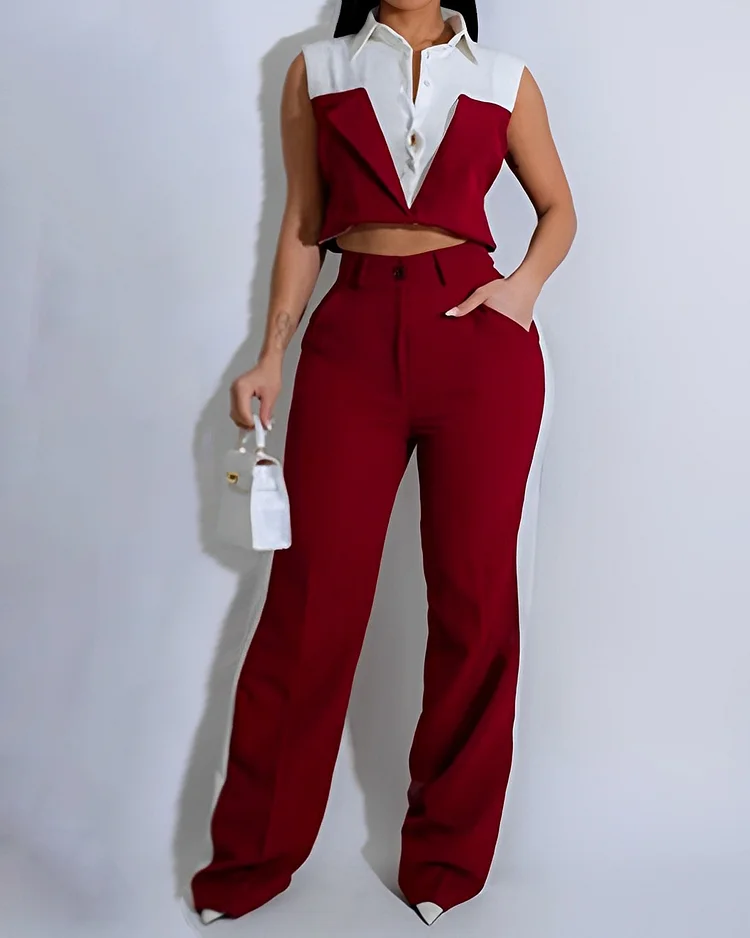 Vest Shirt Stitching Contrast Color Pocket Casual Trousers Two-piece Set