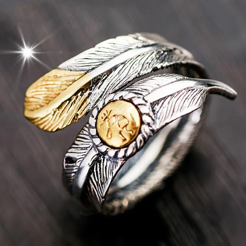 Vintage Feather Adjustable Open Silver Ring