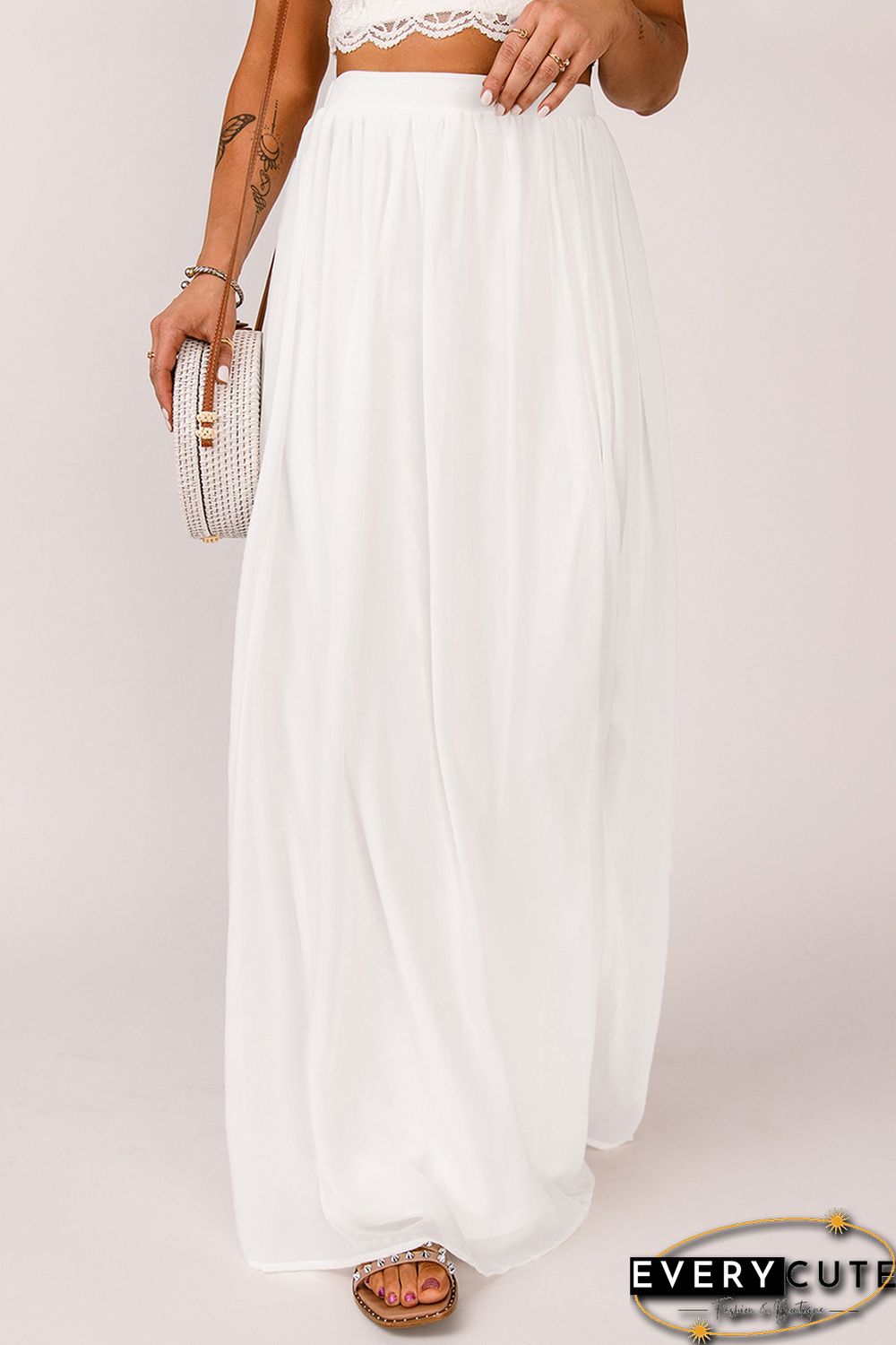 White High Waist Maxi Skirt with Split