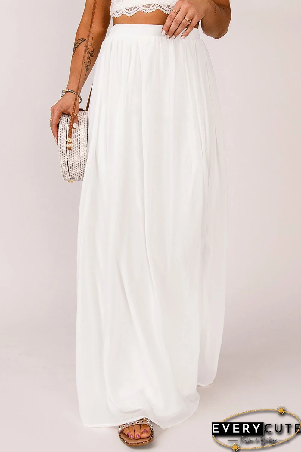 White High Waist Maxi Skirt with Split