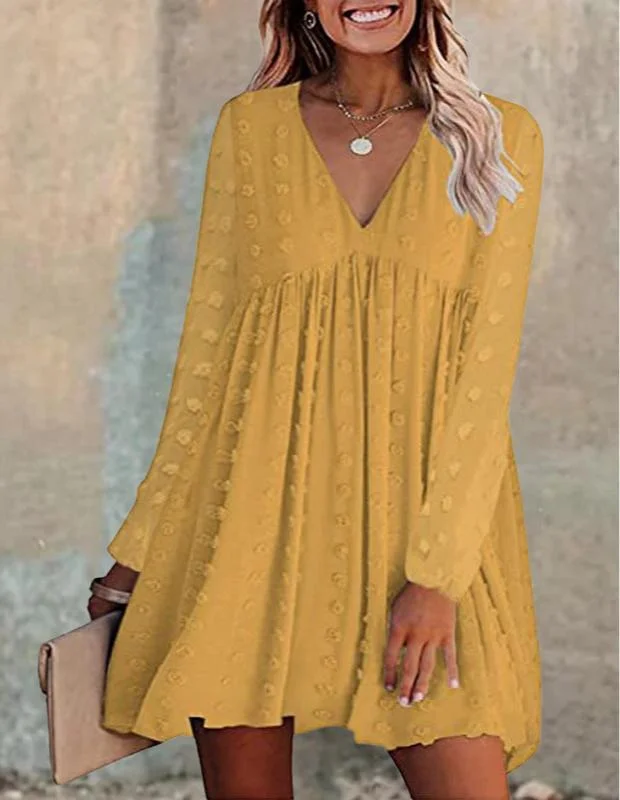 Solid Color V-Neck Jacquards Long Sleeve mini Dress